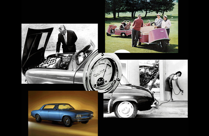 Trên cùng bên trái và dưới cùng bên phải: Một chiếc Henney Kilowatt năm 1966. Trên cùng bên phải: Xe điện chơi gôn Lektro. Phía dưới bên trái: Một chiếc GM Electrovair II. Trung tâm: “Bộ sạc” trên ô tô điện năm 1967.