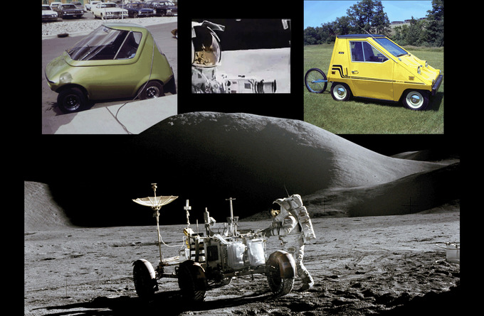 Một chiếc GM Urban Electric tại phòng thí nghiệm EPA Ann Arbor vào năm 1973. Giữa: Một đoạn phim từ một phi hành gia Apollo trên 'Phương tiện di chuyển trên Mặt trăng' trên bề mặt của mặt trăng. Phải: Một chiếc CitiCar được sử dụng tại NASA vào năm 1976. Dưới cùng: Phi hành gia James B. Irwin làm việc tại Xe lưu động Mặt Trăng với Núi Hadley ở phía sau vào năm 1971.