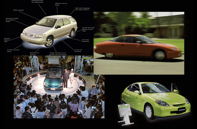 Trên cùng bên trái: Tờ rơi quảng cáo Nissan Altra từ năm 1997. Dưới cùng bên trái: Chủ tịch Toyota Motor Co. Hiroshi Okuda giới thiệu Prius tại Chiba, Nhật Bản, năm 1997. Trên cùng bên phải: EV1 ra mắt tại Los Angeles năm 1996. Dưới cùng bên phải: Một chiếc Honda Insight trưng bày ở Tokyo năm 1999.