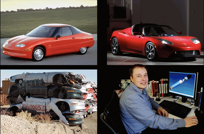 Trên cùng bên trái: Một chiếc EV1 năm 1996. Dưới cùng bên trái: Những chiếc EV1 bị nghiền nát tại Khu nghiên cứu và thử nghiệm xe của GM ở Mesa, Arizona, năm 2003. Trên cùng bên phải: Một chiếc Tesla Roadster năm 2007. Dưới cùng bên phải: Musk năm 2004.