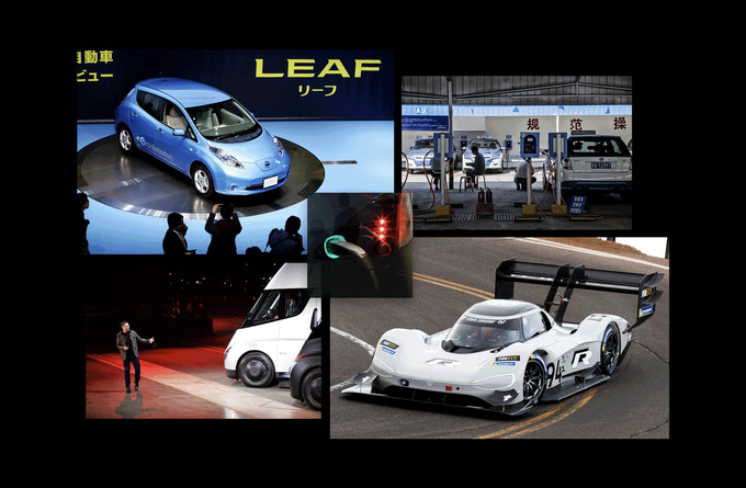 Trên cùng bên trái: Buổi ra mắt Nissan Leaf năm 2010 tại Yokohama, Nhật Bản. Dưới cùng bên trái: Musk ra mắt xe tải điện Semi ở Hawthorne, California, vào năm 2017. Trên cùng bên phải: Những chiếc taxi điện của BYD Co. tại một trạm sạc ở Thái Nguyên, Trung Quốc, vào năm 2016. Dưới cùng bên phải: Romain Dumas lái chiếc Volkswagen I.D. R trong cuộc thi leo đồi quốc tế Pikes Peak năm 2018. Ở giữa: Cổng sạc của Tesla Model S.