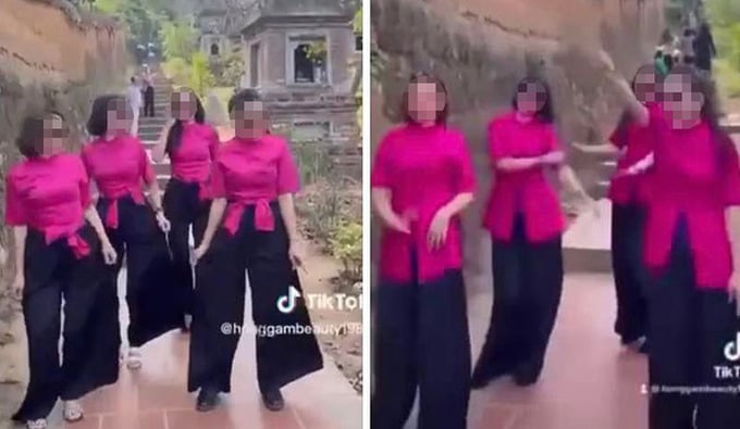Hình ảnh bốn phụ nữ uốn éo, nhảy nhót phản cảm tại chùa Bổ Đà. (Ảnh cắt từ clip).