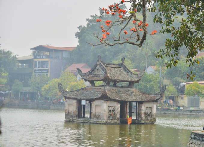 Hình ảnh hoa gạo tô đẹp thêm cho Thủy Đình - một kiến trúc đặc sắc, tiêu biểu của chùa Thầy, nơi diễn ra hoạt động múa rối nước trong những dịp lễ hội