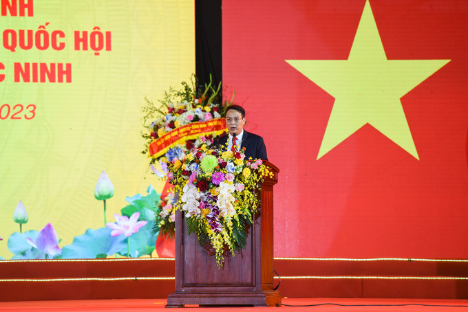 Bí thư Nguyễn Mạnh Hùng huyện Thuận Thành, tỉnh Bắc Ninh phát biểu tại buổi lễ