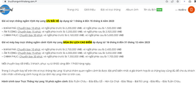 Bảng giá dịch vụ bay ngắm cảnh trên web tructhangvinhhalong.com