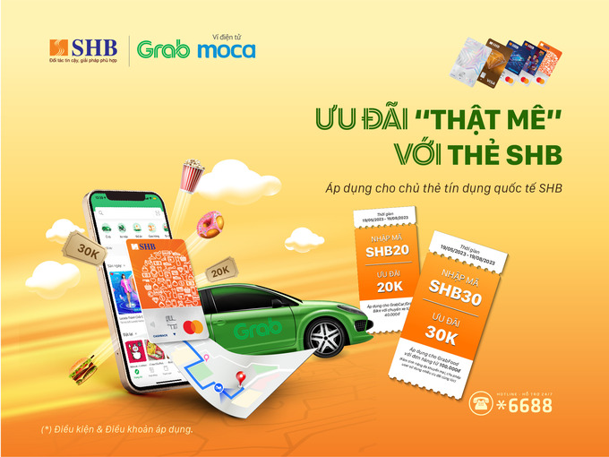 Chủ thẻ tín dụng quốc tế SHB sẽ nhận được mã “SHB30' giảm giá 30.000 VND khi sử dụng dịch vụ GrabFood