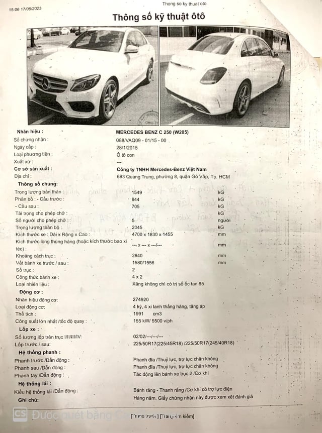 Hình ảnh Mercedes-Benz C 250 lưu trữ trên Cục đăng kiểm Việt Nam, không phân biệt phiên bản Exclusive và AMG