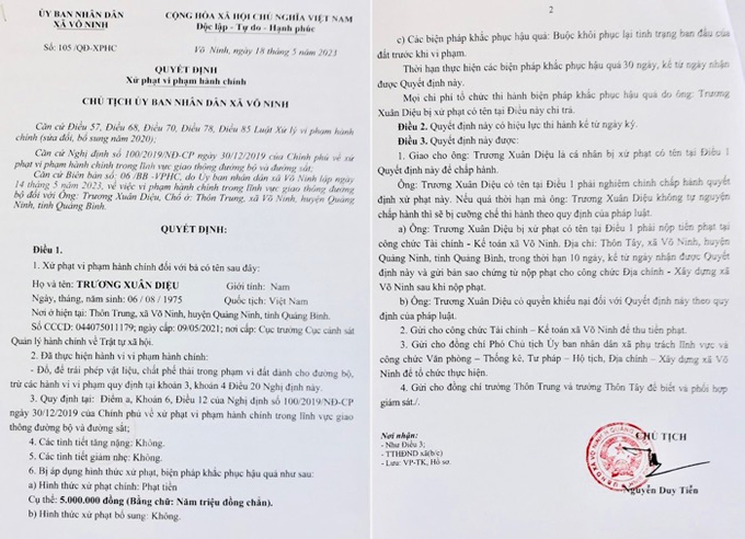 UBND xã Võ Ninh (huyện Quảng Ninh) đã ra Quyết định xử phạt vi phạm hành chính đối hành vi trái phép
