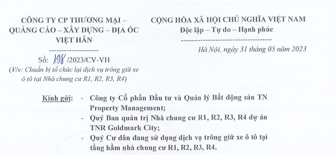 Công ty Việt Hân đã có công văn số 198/2023 ngày 31/5/2023 thống nhất không giao việc giữ xe ô tô cho TNPM và việc bàn giao sẽ được diễn ra trước ngày 7/7/2023