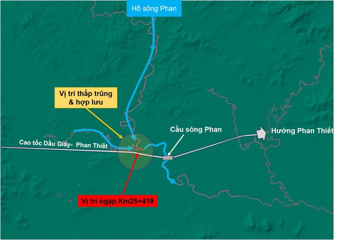 Mô phỏng đoạn đường cao tốc Phan Thiết - Dầu Giây bị ngập tại km25+419