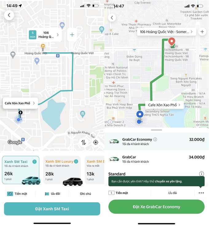 Mức giá chênh lệch đáng kể giữa Taxi Xanh SM và Grab trên cùng một quãng đường