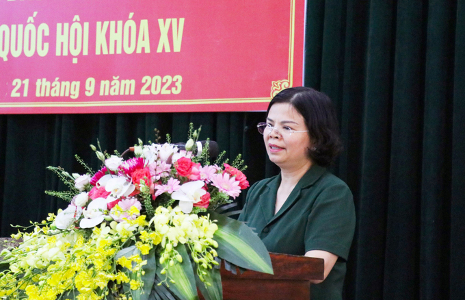 Chủ tịch UBND tỉnh Nguyễn Hương Giang phát biểu với cử tri phường Châu Khê.