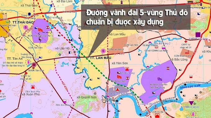 Đường vành đai 5 vùng Thủ đô đoạn qua địa phận tỉnh Bắc Giang (màu xanh lá cây) sẽ được đầu tư xây dựng