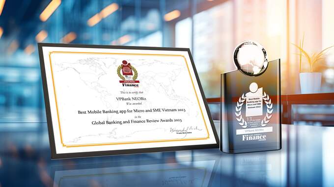 VPBank NEOBiz được Global Banking and Finance Review Awards 2023 trao tặng danh hiệu Ứng dụng ngân hàng tốt nhất dành cho doanh nghiệp vừa và nhỏ và doanh nghiệp siêu nhỏ