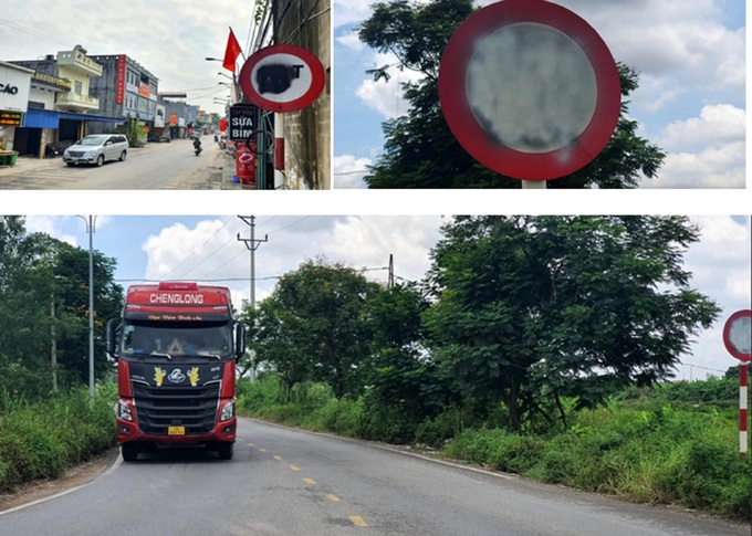 Hàng loạt biển báo hạn chế tải trọng trên các tuyến đường thuộc huyện Thủy Nguyên, Hải Phòng bị kẻ xấu bôi xóa