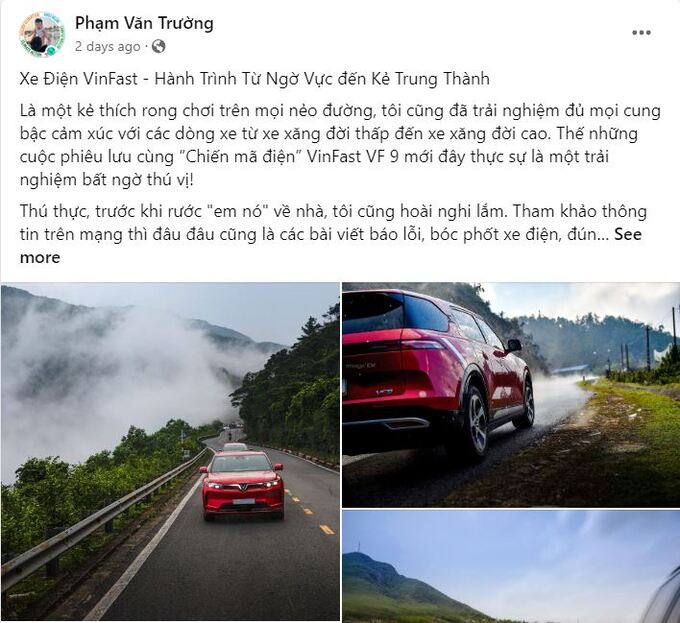 Chia sẻ của anh Phạm Văn Trường về hành trình “từ ngờ vực đến kẻ trung thành” với xe điện VinFast cùng những hình ảnh đẹp trên mọi nẻo đường (Ảnh: Facebook NV)