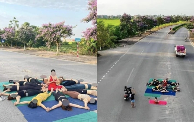 Nhóm yoga nằm, ngồi giữa đường để chụp hình tại Thái Bình
