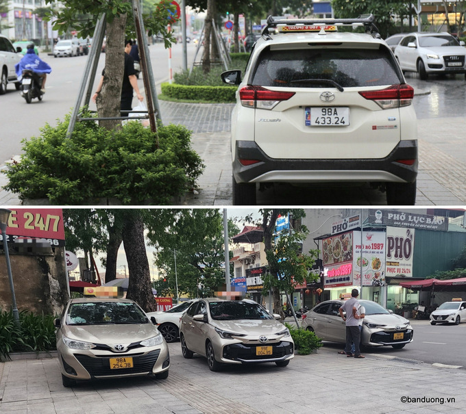 Còn trên thực tế, hãng taxi này lại không được đỗ trong khuôn viên chung cư để đón khách. Thay vào đó, taxi hãng này lại đỗ trên vỉa hè- lối dành cho người đi bộ trên đường Nguyễn Văn Cừ.