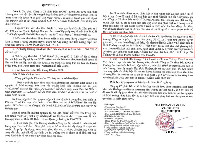 Trong giấy phép (QĐ 55), ngoài phần nhỏ phục vụ dự án thì phần đất dư thừa hơn 3,2 triệu khối chỉ được cấp vào các huyện, thành, thị: Yên Dũng, Hiệp Hoà, Bắc Giang, Việt Yên. Và việc giám sát, kiểm tra, kiểm soát chặt chẽ phương tiện cũng như toàn bộ hoạt động vận chuyển đất của Công ty Trường An được Chủ tịch UBND tỉnh Bắc Giang giao đích danh UBND TX Việt Yên, trong đó gồm Phòng TNMT, Công an thị xã, UBND xã Trung Sơn