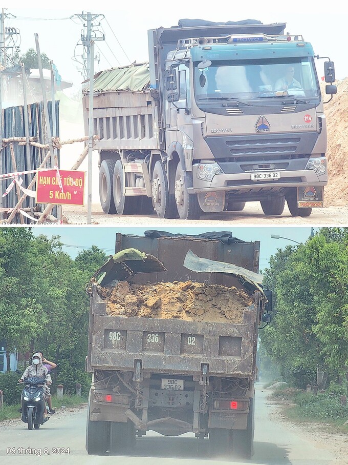 Bằng mắt thường cũng dễ nhận thấy, thùng xe Howo này đã được chủ xe cơi nới gần gấp đôi và sử dụng bạt điện (bạt cánh) - không được che phủ kín, không chắn đất rơi vãi ra ngoài môi trường.