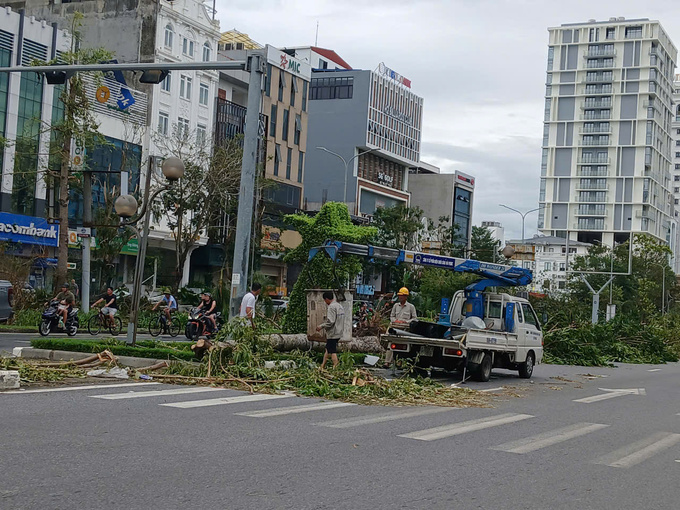 Khắc phục hậu quả bão số 3 trên đường Lê Hồng Phong (quận Hải An). Ảnh: Đinh Huyền.