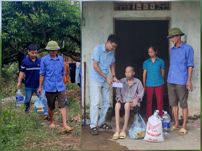 Ông Trần Văn Sáu- Trưởng thôn Trại Mạ, xã Vô Tranh, huyện Lục Nam (đội mũ cối) cùng đoàn từ thiện đến trao tiền và quà hỗ trợ sau bão cho gia đình ông Trần Văn Giọng, 60 tuổi, bị bệnh hiểm nghèo nhiều năm.