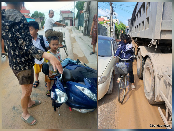 Bên trái, ba mẹ con trong một gia đình bị ngã xe máy do đường trơn trượt, nguyên nhân chủ yếu từ bùn đất lôi ra từ mỏ đất sân golf Việt Yên sau mỗi trận mưa . Bên phải là một em học sinh THCS đang bị xe tải chở đất từ sân golf Việt Yên 'chèn ép' khiến em phải dừng xe lại (Ảnh do người dân Trung Sơn cung cấp 16/10/2024)