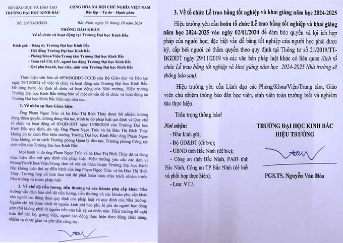 Văn bản Trường Đại học Kinh Bắc đã thông báo hoãn tổ chức lễ trao bằng tốt nghiệp.