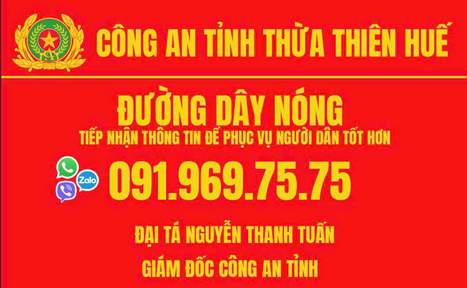 Đường dây nóng tiếp nhận thông tin của Giám đốc Công an tỉnh Thừa Thiên Huế.