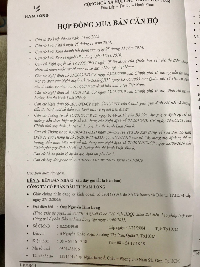 Hợp đồng mua bán căn hộ giữa Nam Long với cư dân...