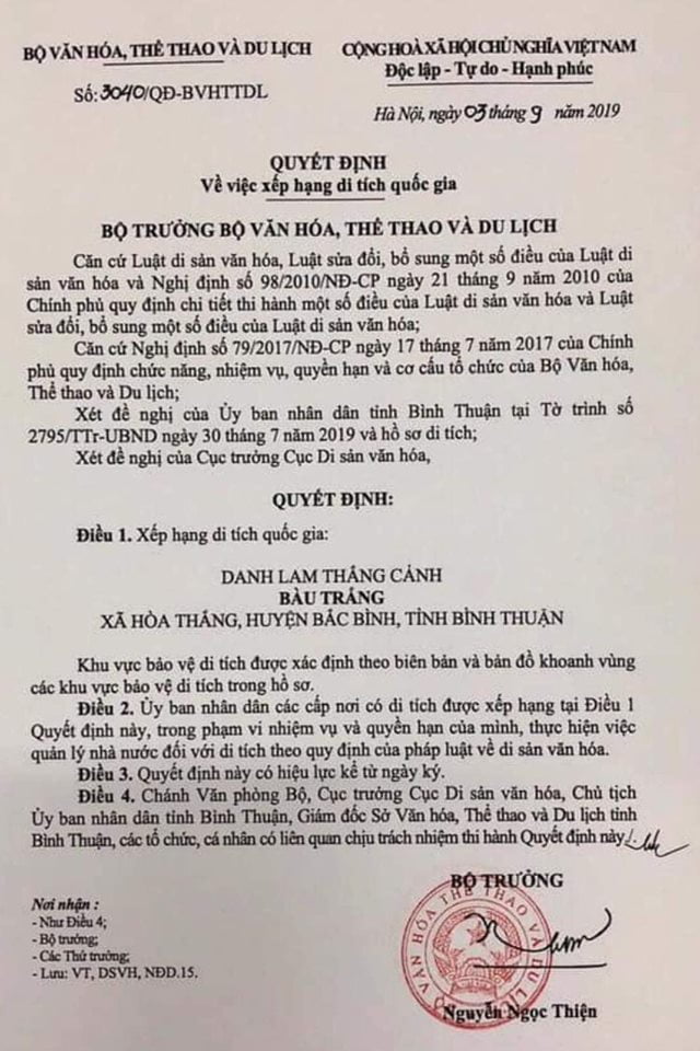 Bàu Trắng được Bộ Văn hóa, Thể thao và Du lịch xếp hạng di tích quốc gia