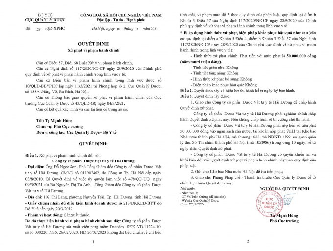 Quyết định xử phạt Công ty Dược Vật tư y tế Hải Dương do sản xuất thuốc kém chất lượng.