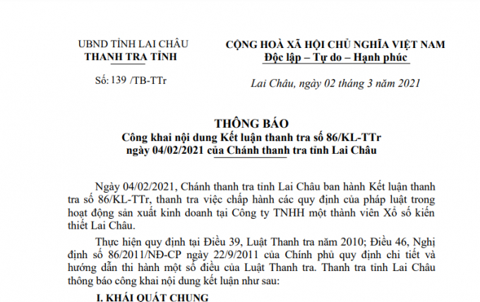 Thông báo số 139/TB-TTr ngày 02/3/2021 của Thanh tra tỉnh Lai Châu về sai phạm tại Công ty Xổ số kiến thiết Lai Châu