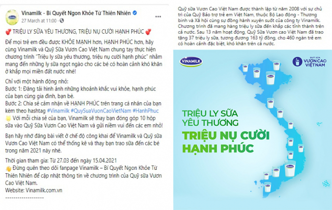 Trong chiến dịch diễn ra từ 27.03 đến 15.04.2021, với mỗi chia sẻ được đăng tải, bạn sẽ cùng Vinamilk gửi 10 hộp sữa đến các em nhỏ có hoàn cảnh khó khăn trên cả nước.