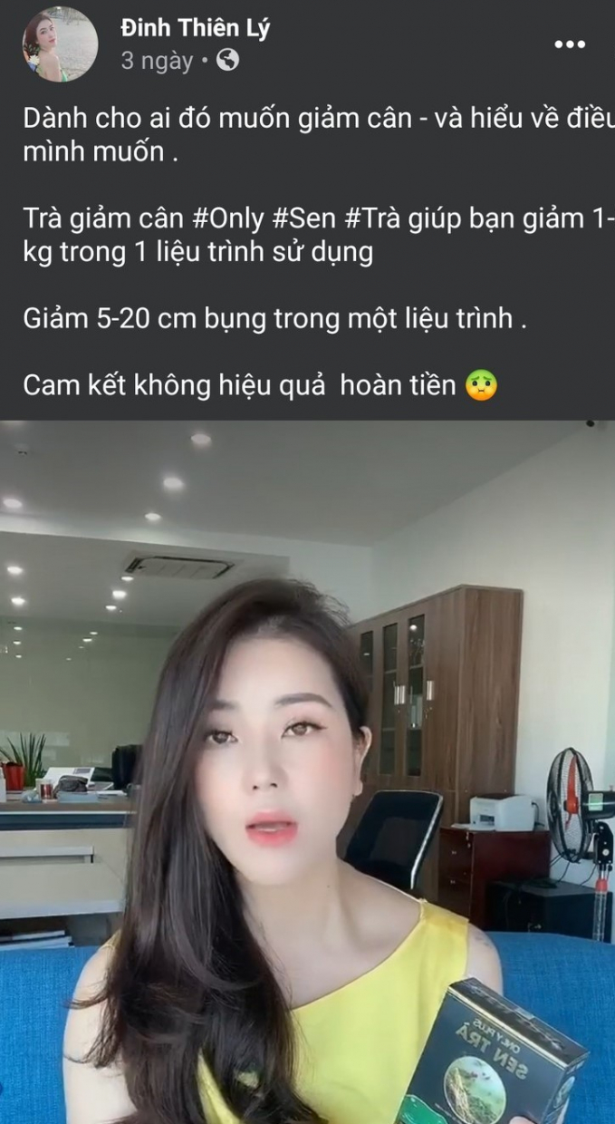 Bà chủ Đinh Thiên Lý đang đứng đại diện pháp luật cho Công ty TNHH MTV Lycosme, tư vấn quảng cáo sản phẩm giảm cân Only Plus Sen Trà