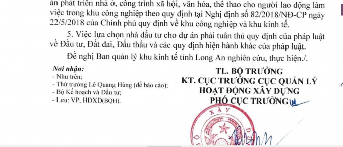 Bộ Xây dựng khẳng định: “Việc lựa chọn nhà đầu tư dự án phải tuân thủ các quy định pháp luật về đầu tư, đất đai, đấu thầu và các quy định hiện hành khác của pháp luật”.