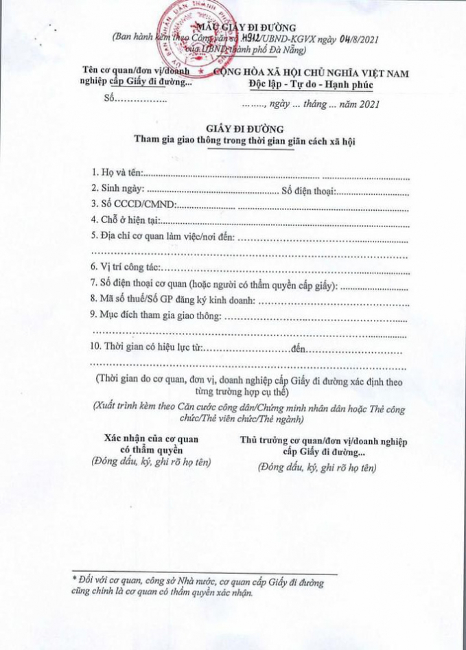 Mẫu giấy đi đường mới do UBND TP Đà Nẵng ban hành sử dụng trong thời gian giãn cách xã hội