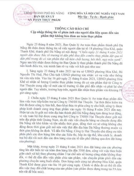 Thông báo báo chí liên quan đến việc Công ty Hai Thuyên bán thịt không đảm bảo an toàn thực phẩm