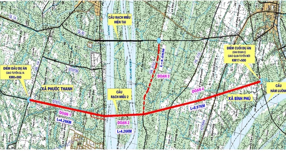 Dự án cầu Rạch Miễu 2 nằm cách cầu Rạch Miễu hiện hữu khoảng 3,8 km về phía thượng lưu.