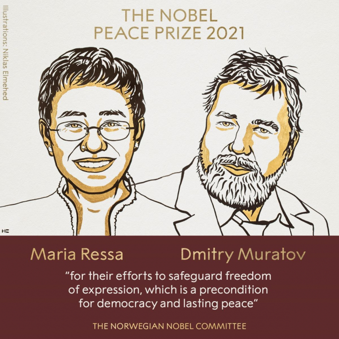 Maria Angelita Ressa và Dmitry Muratov đạt Giải Nobel Hòa bình 2021