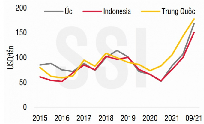 Diễn biến giá than đá thế giới. Nguồn: Bloomberg, S&P Global, Platts, SSI Research.