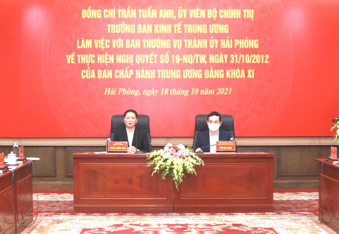 Trưởng Ban Kinh tế Trung ương Trần Tuấn Anh ghi nhận và đánh giá cao sự vào cuộc, triển khai nghiêm túc, quyết liệt với tinh thần trách nhiệm cao của Thành ủy Hải Phòng