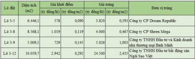 Kết quả đấu giá 4 lô đất tại Thủ Thiêm ngày 10/12/2021, Công ty TNHH Đầu tư bất động sản Ngôi Sao Việt cùng Công ty TNHH Đầu tư và Kinh doanh nhà thương mại Bình Minh đã bỏ cọc. Dream Republic và Sheen Mega hứa sẽ cố gắng nộp số tiền trúng đấu giá.