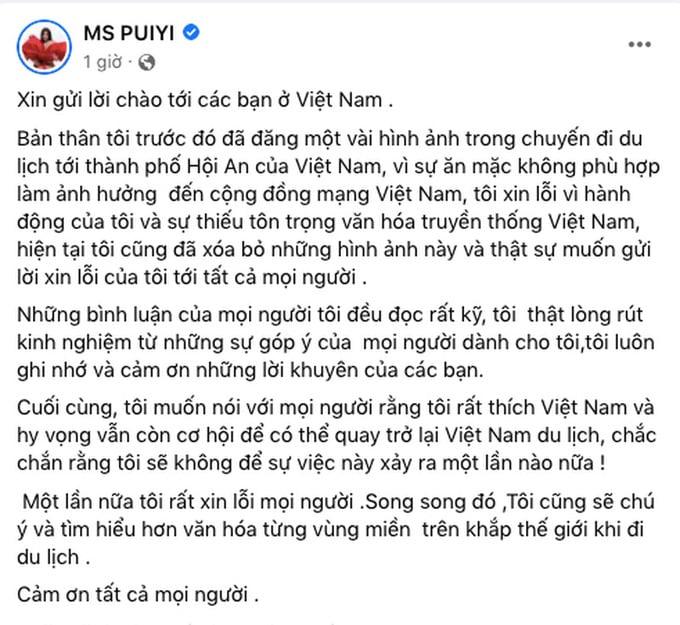 Nữ du khách MS PUIYI người Malaysia đăng đàn xin lỗi bằng Tiếng Việt trên trang Facebook cá nhân.