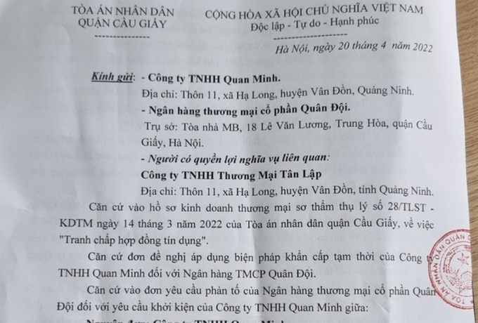 Văn bản ngày 20/4/2022 của Tòa án nhân dân quận Cầu Giấy - ảnh kienthuc.net.vn