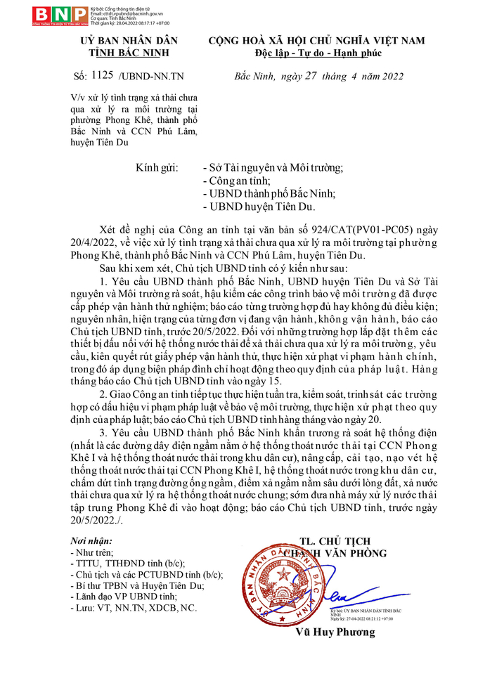 Công văn của Chủ tịch UBND tỉnh về việc xử lý tình trạng xả thải chưa qua xử lý ra môi trường tại phường Phong Khê, thành phố Bắc Ninh và CCN Phú Lâm, huyện Tiên Du.