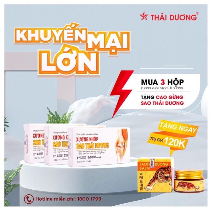 Khuyến mại lớn tặng ngay cao xoa gừng trị giá 120.000 VNĐ khi mua xương khớp Sao Thái Dương.