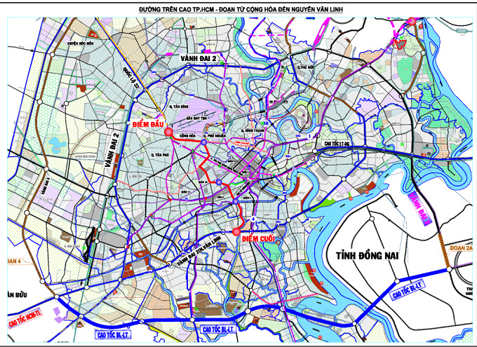 Sơ đồ dự án đường trên cao Bắc - Nam từ đường Cộng Hòa đến đường Nguyễn Văn Linh