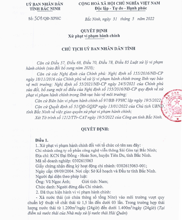 Tổng số tiền mà Chi nhánh Công ty Saigontel tại Bắc Ninh bị xử phạt 1,170 tỷ đồng cho 2 hành vi vi phạm.