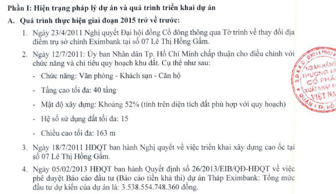 Tờ trình xây dựng trụ sở làm việc của Eximbank (Nguồn: Eximbank)